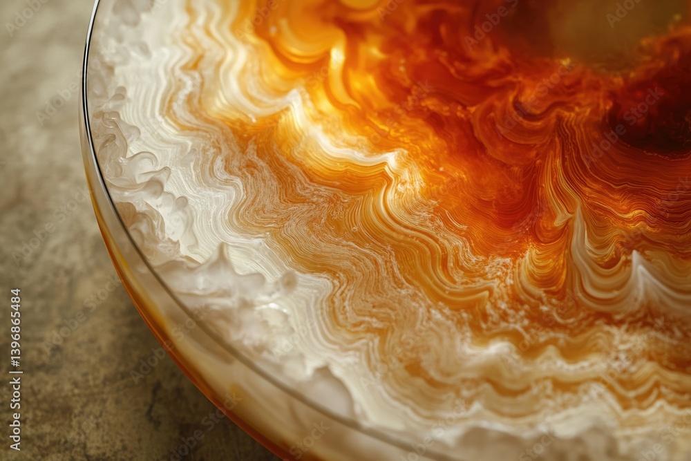 Poster Abstract swirling patterns of creamy white and rich amber hues create a mesmerizing visual texture in a glass bowl.