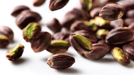 Dubai Chocolate Kunafa Pistachio on white background,Dubai Chocolate bar with green kadayif and pistachio spread,popular and viral chocolate 2025,space for text.