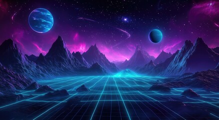 A vibrant 80s-inspired alien landscape with glowing gridlines.