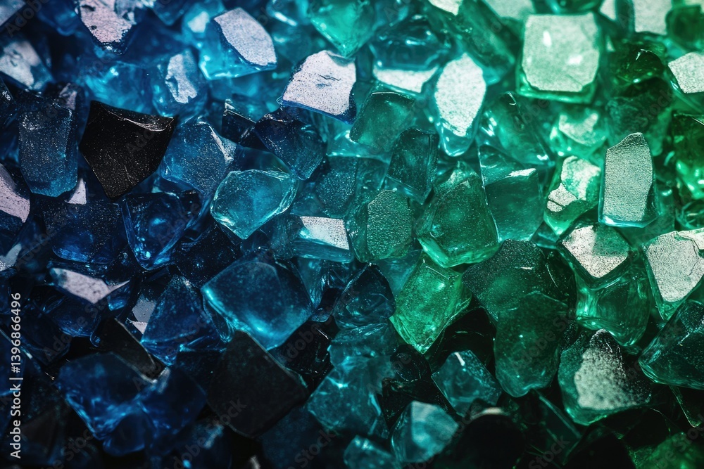 Poster a close-up view of vibrant teal and blue glass fragments, creating a dazzling texture.