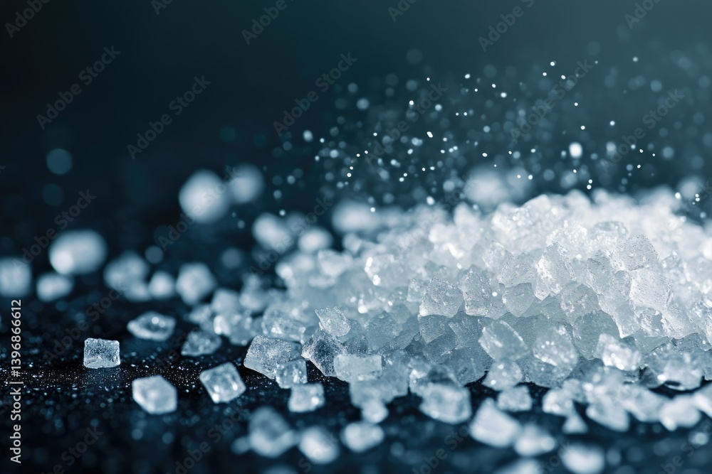 Aufkleber close-up of glistening ice crystals scattered on a dark surface, creating a visually stunning textur
