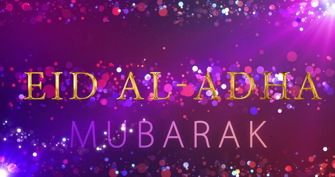 
Bakra Eid, Eid al Adha golden shiny particle wishing greeting card bg 4K. Islamic festival celebration Arabic culture. Luxury joy season elegant themed design.Glowing advertisement muslim holiday cli
