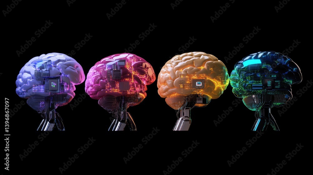 Aufkleber futuristic digital brain design with neon colors and circuit patterns