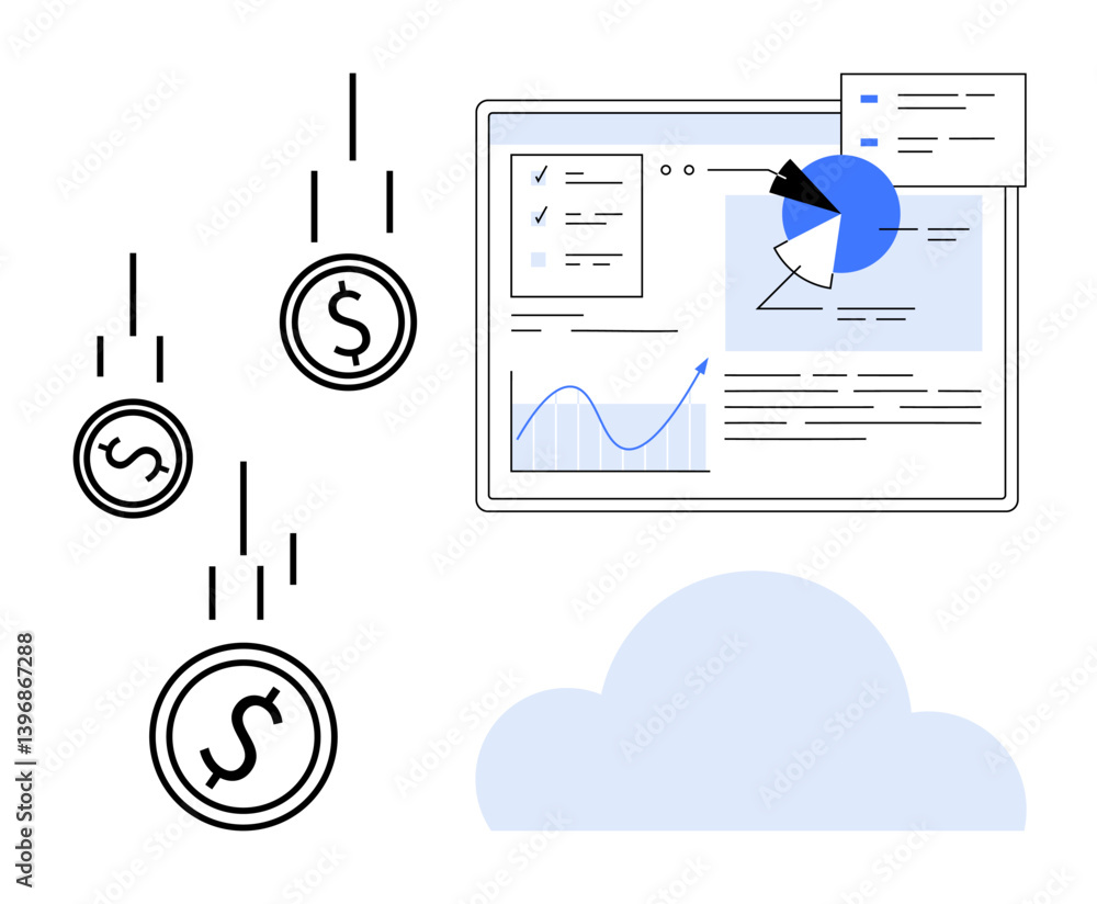 Aufkleber coins falling, data charts on screen with analytics, and cloud element for data integration. ideal f