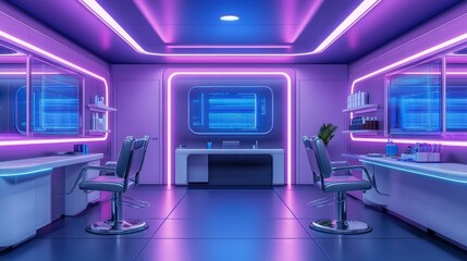 Futuristic salon interior with neon light, modern styling stations, and digital screens