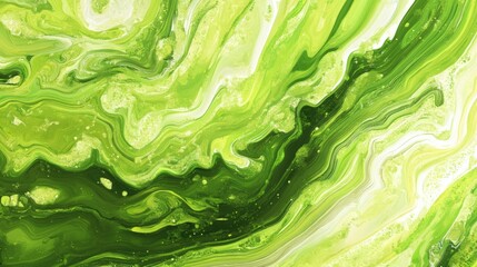 A vibrant abstract painting featuring flowing green and white marbled patterns.