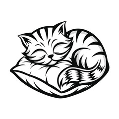 Stripped Pattern Sleeping Cat Curled Up On a Pillow, Black and White,