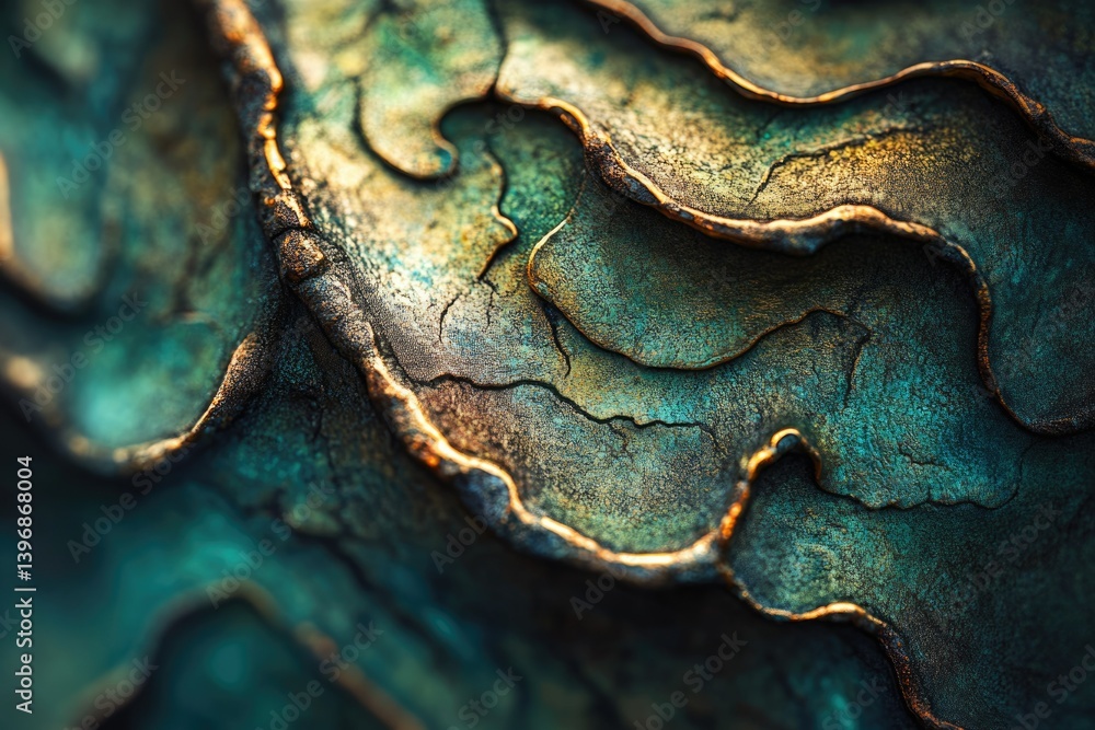 Poster Close-up of a textured surface with teal and gold hues, showcasing intricate patterns and cracks.