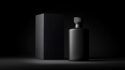 Sleek Matte Black Packaging for Exclusive Fragrance Launch Studio Setting Product Photography Minimalist Style