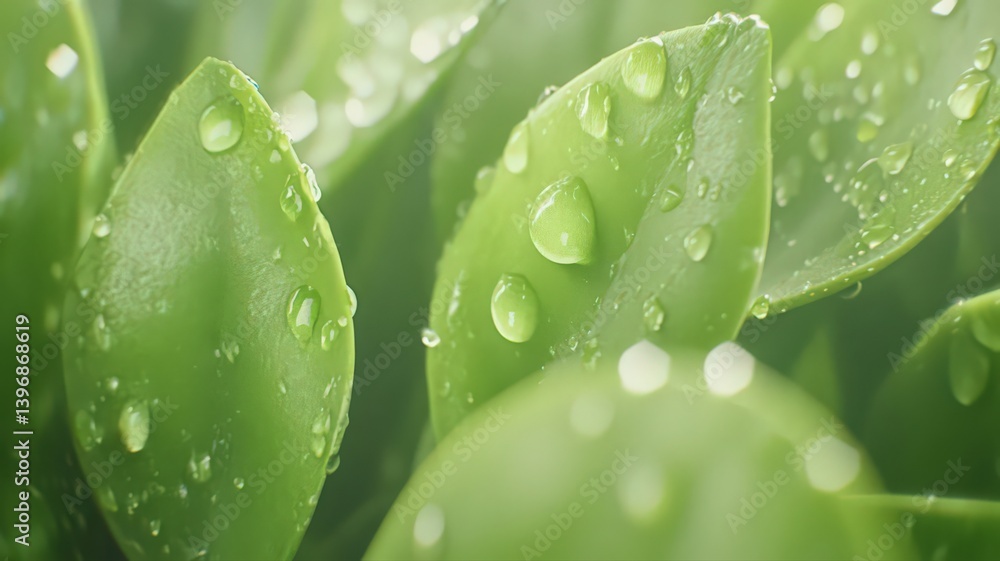 Poster lush green leaves adorned with sparkling water droplets a fresh and natural close up displaying vibr