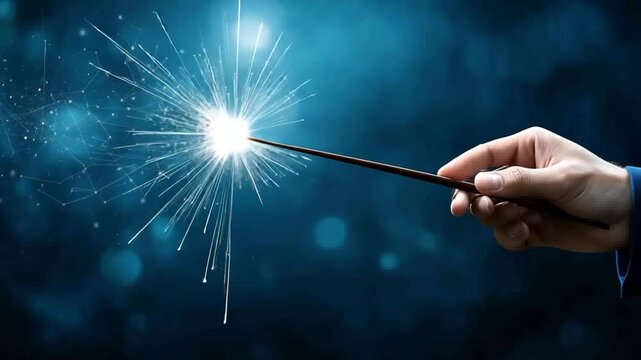 A hand holding a magic wand with sparkling light effects against a blue background