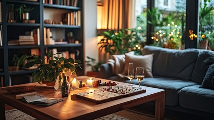 Cozy Living Room with Game Table and Evening Ambiance