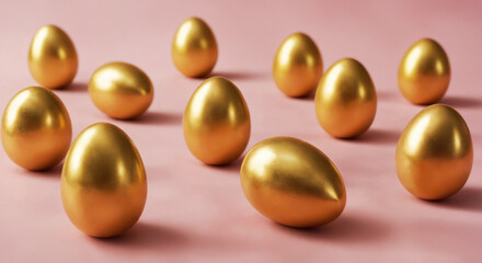 Golden Eggs Shining on Pink Background