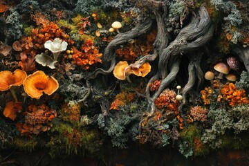 Autumnal forest floor scene with vibrant orange mushrooms, moss, and gnarled tree roots.
