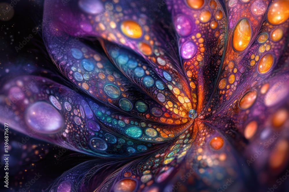 Poster abstract cosmic flower with vibrant, multicolored bubbles and swirling patterns, resembling a galaxy