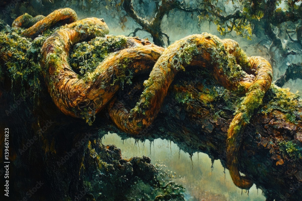 Poster moss-covered vines intricately entwine a large, ancient tree branch in a mystical forest scene.
