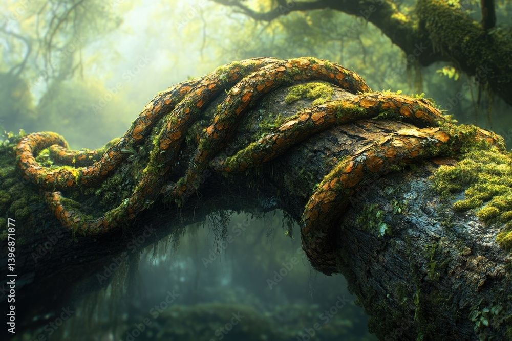 Poster Moss-covered vines intertwine around a large, ancient tree trunk in a mystical forest.