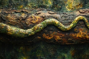 A textured art piece depicting a vine winding across a dark, richly colored, rocky surface.
