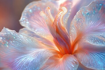 Fototapeta premium Close-up of iridescent flower petals, delicate and vibrant, showcasing intricate details and soft pastel hues.