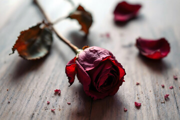 Rose rouge s&eacute;ch&eacute;e en gros plan sur fond flou