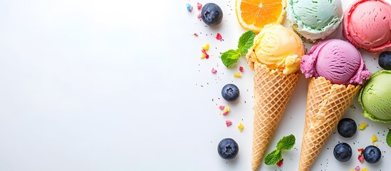  ice cream cones with different flavors and colors, arranged in an artistic composition on a white background.