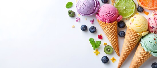  ice cream cones with different flavors and colors, arranged in an artistic composition on a white background.
