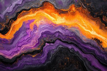 Obraz premium Abstract fluid art painting with vibrant purple, orange, and black swirls and gold accents.
