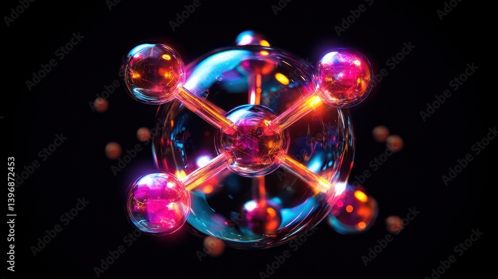 Poster glowing atom structure with colorful spheres and energy beams on a dark background concept for scien