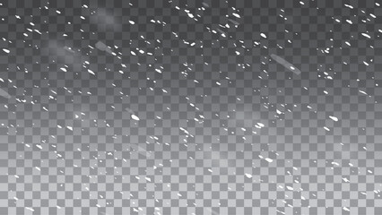 Vector heavy snowfall, snowflakes in different shapes and forms. Snow flakes, snow background.  Realistic snowfall background isolated on transparent.