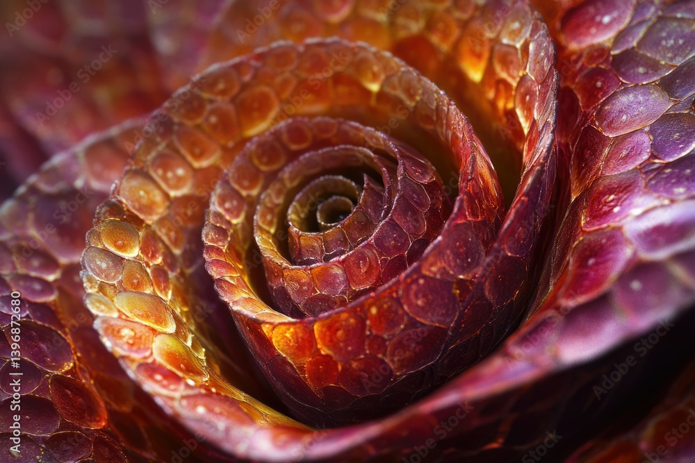 Poster a mesmerizing close-up of a rose with a unique, scaly texture resembling dragon scales.