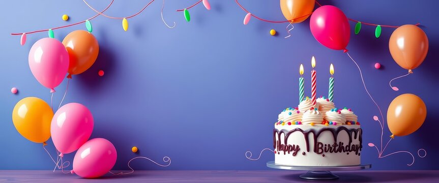 Elegant birthday frame template with colorful balloons and a delicious cake, ideal for cards and invitations, fun, balloons