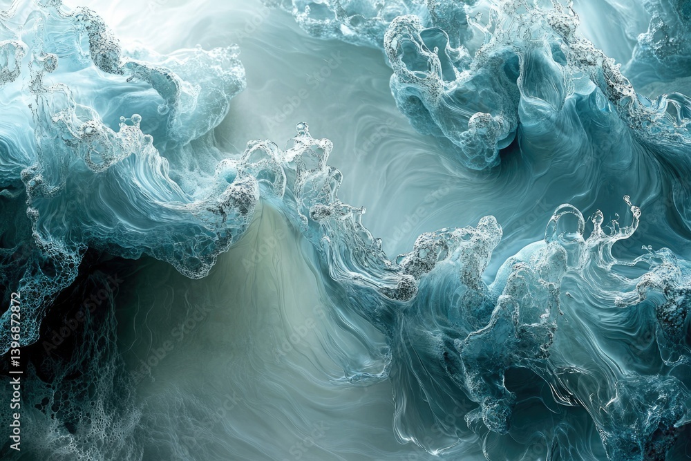 Poster abstract swirling teal and grey fluid forms resembling ocean waves or smoke.