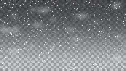 Vector illustration of flying snow on a transparent background. Natural phenomenon of snowfall or blizzard.