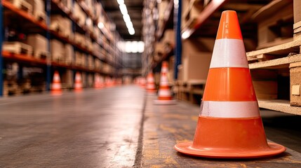 Orange Traffic Cone in a Warehouse Aisle Surrounded by Shelves
