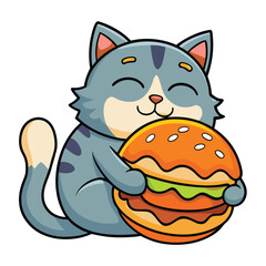 Cartoon Cat Hugging Giant Burger with Eyes Closed on Isolated Background
