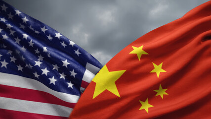 USA and China flags waving with dramatic sky showcasing global affairs