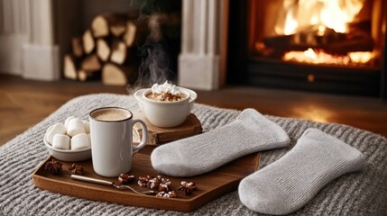 Cozy Winter Scene with Hot Cocoa, Sweets, and Warm Socks by Fireplace