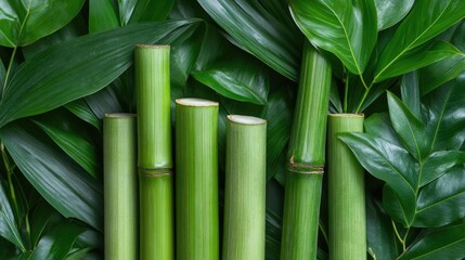 Fototapeta premium Lush Green Bamboo Stalks Surrounded by Vibrant Tropical Leaves