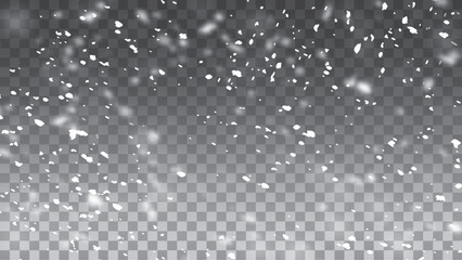 Snow gray transparent background. Christmas snowy winter design. White falling snowflakes, abstract landscape. Cold weather effect. Magic nature fantasy snowfall decoration. Vector illustration