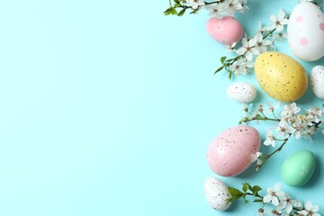 Happy Easter. Colorful eggs and white spring flowers on blue background, space for text or advertising