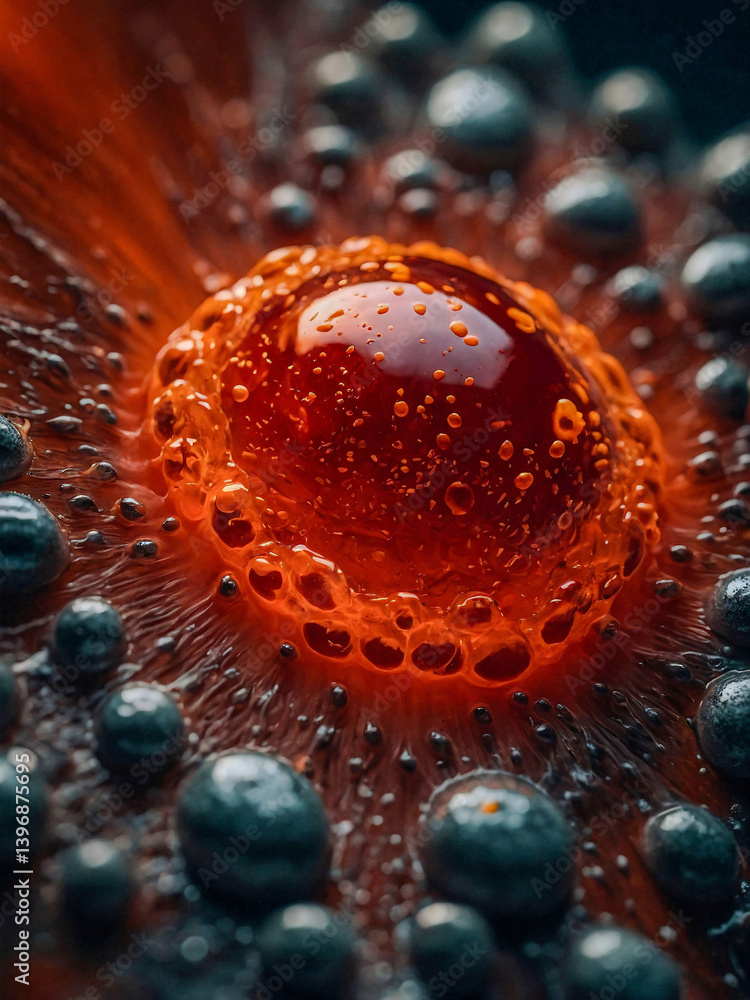 Aufkleber close-up of a cell with a red-orange blob in the center.