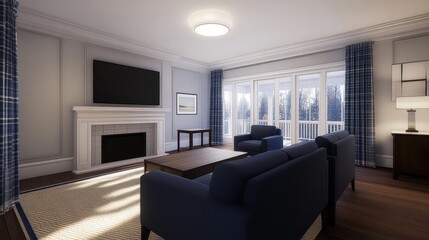 Modern living room with cozy seating, large windows, and a scenic outdoor view