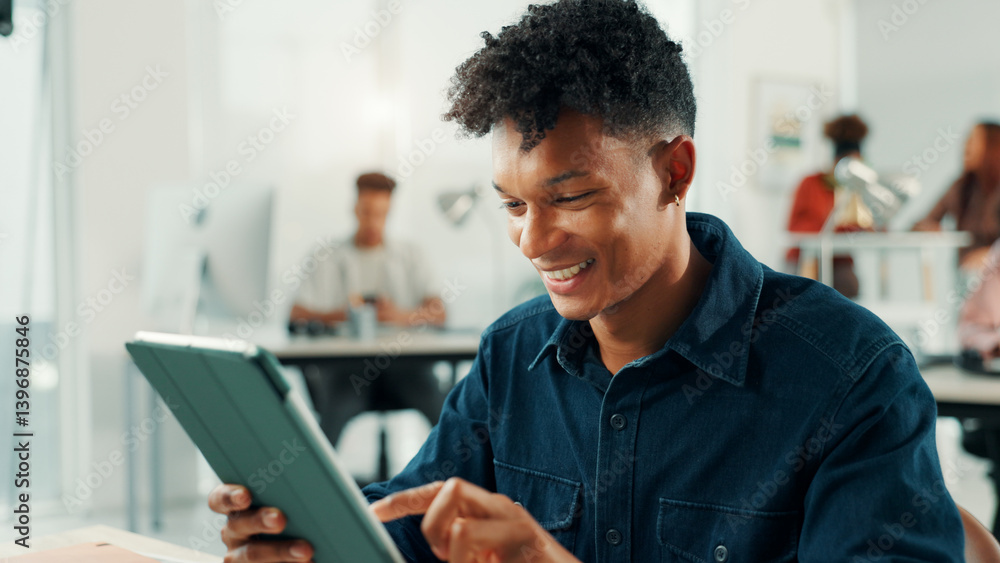Poster business, smile and man in office, tablet and creativity with project, online reading and connection