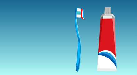 Blue toothbrush with colorful paste and tube of toothpaste in red, blue and white colors on blue background. Teeth cleaning concept, mouth. Copy space.