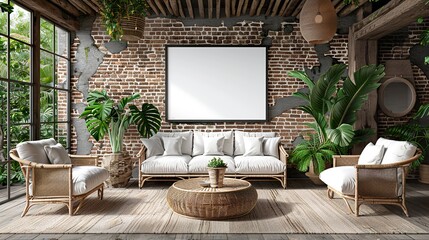 Frame mockup, ISO A paper size. Living room wall poster mockup. Interior mockup with house background. Modern interior design. 3D render 
