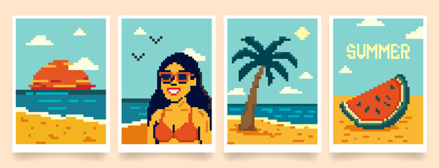 Vintage Pixel art summer postcards with beach sunset, smiling woman in sunglasses, palm tree, and watermelon with retro colors, ideal for digital stickers, posters, game assets, summer designs. Vector