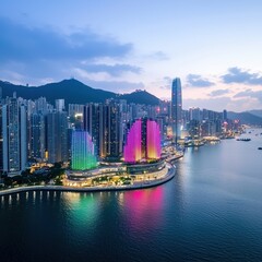 Obraz premium An architectural marvel of a futuristic cityscape at dusk, glowing with neon lights