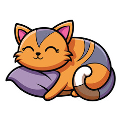 Cute Orange Cartoon Cat Napping on a Pillow with Striped Tail and Closed Eyes. 88 Char
