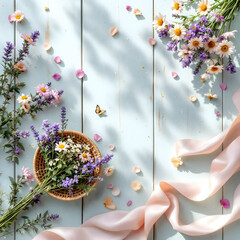 Composition florale champêtre et douce sur fond pastel