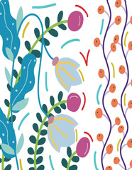 Colorful Botanical Illustration with Flowers and Leaves